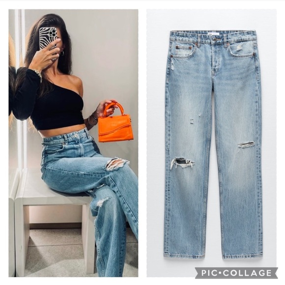 Zara Jeans Zara Mid Rise Straight Fit Full Length Ripped Jeans